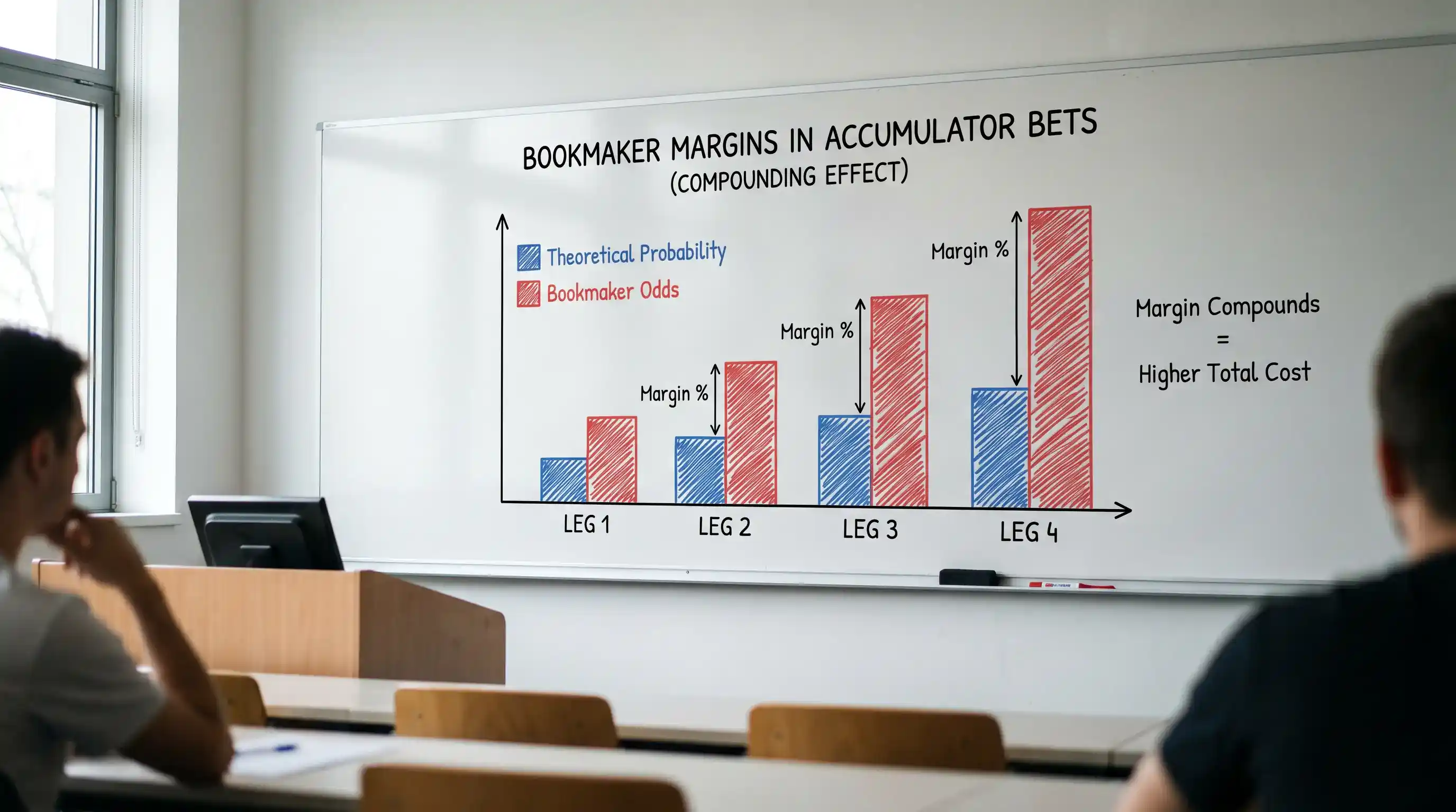 Visual representation of how bookmaker margins compound with each acca leg