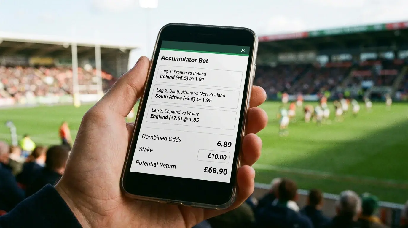 Three-leg rugby accumulator bet slip showing combined handicap selections