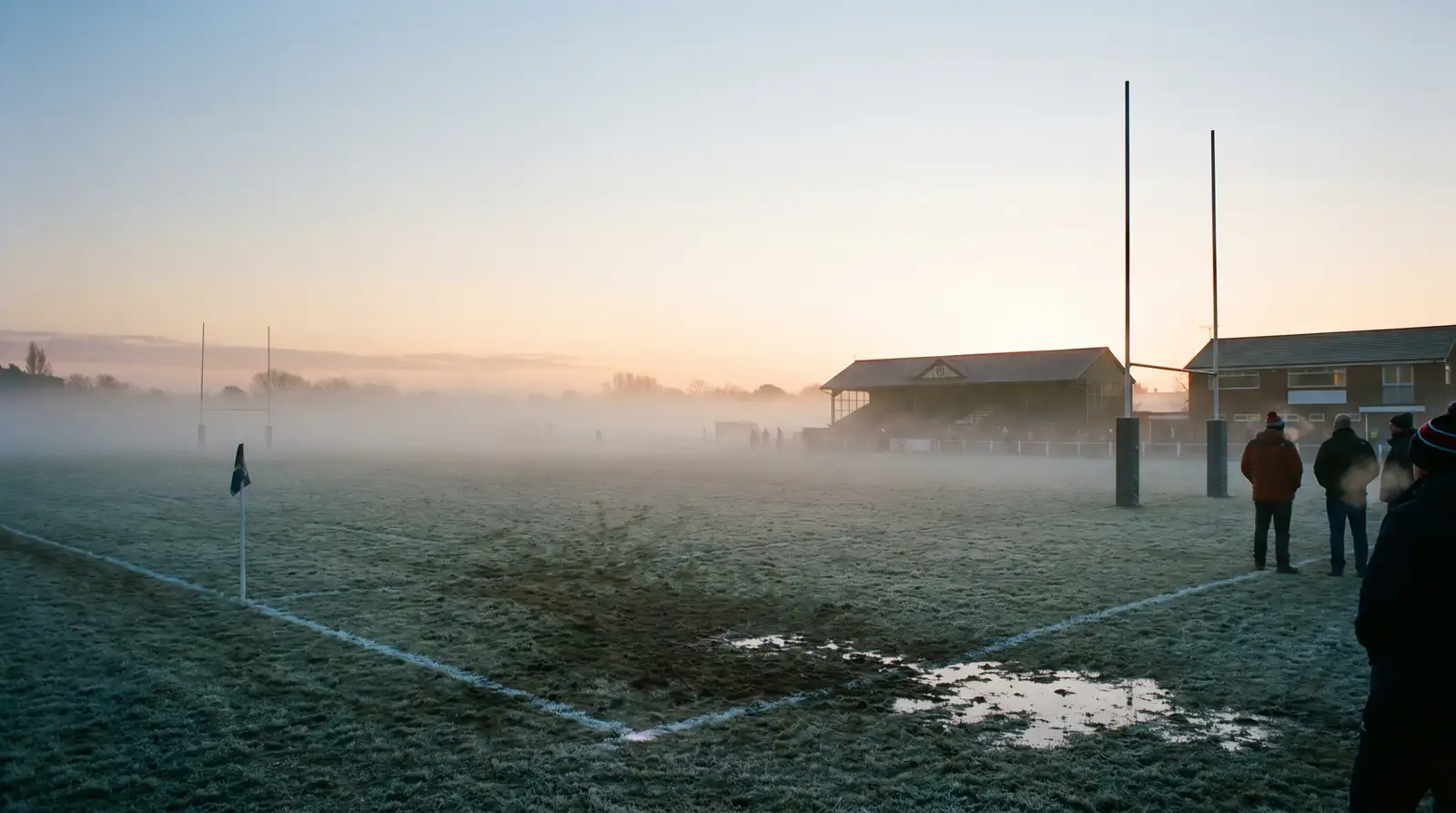 Cold, misty conditions at a UK rugby ground during an autumn international weekend