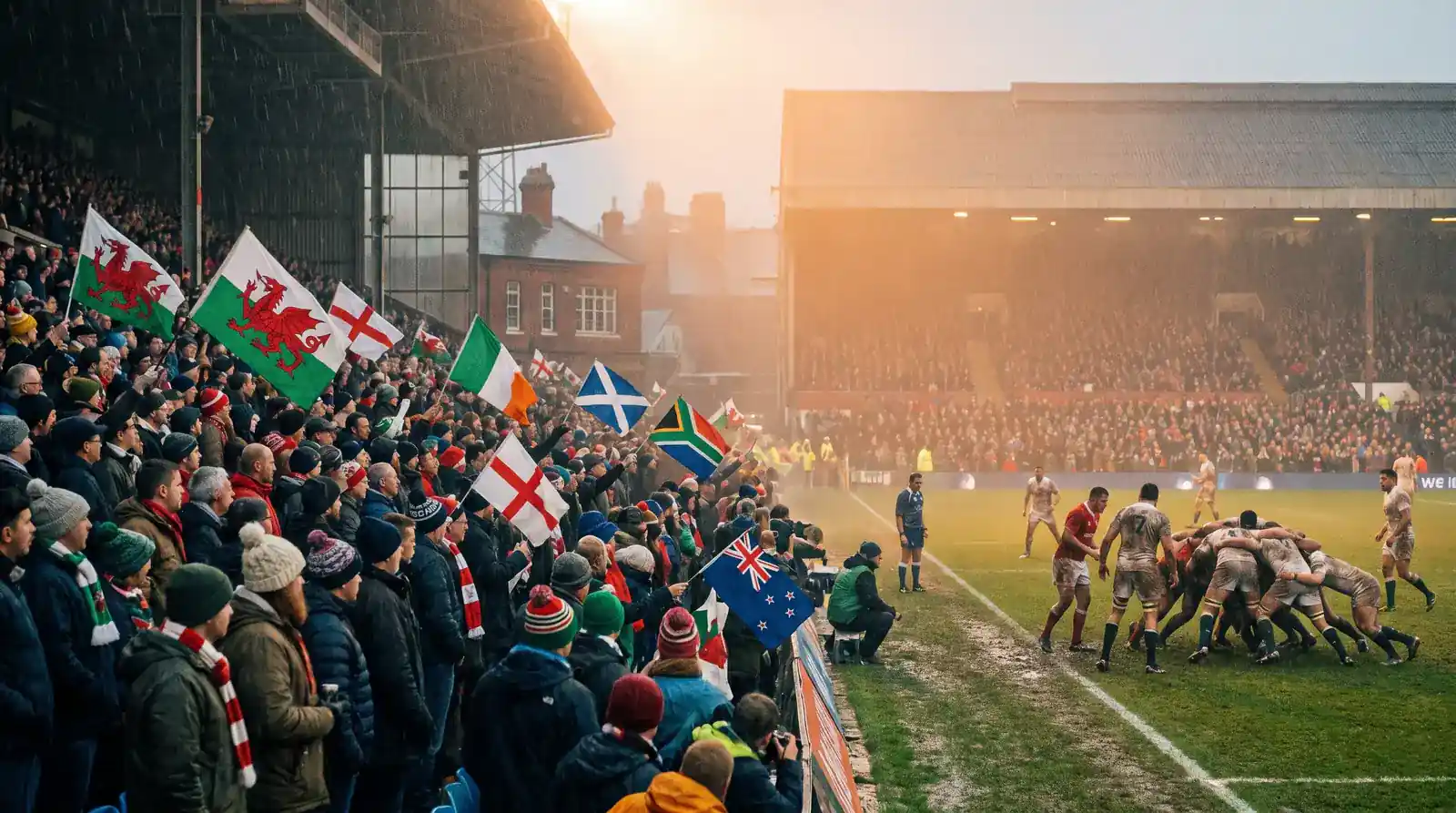 Autumn international test match atmosphere at a UK rugby stadium in November