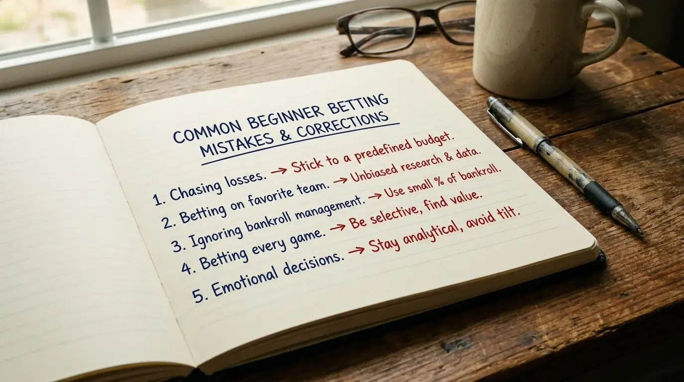 Notebook listing common rugby betting mistakes with corrections noted