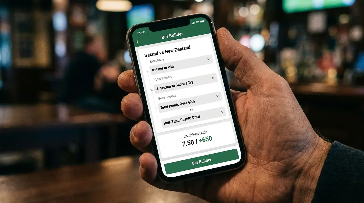 Bet builder interface on a mobile app showing combined rugby selections