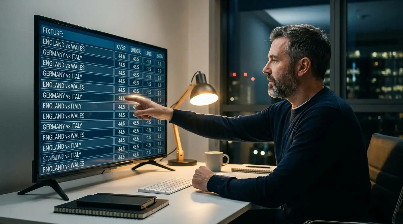 Analyst comparing over-under totals lines across multiple fixtures on screen