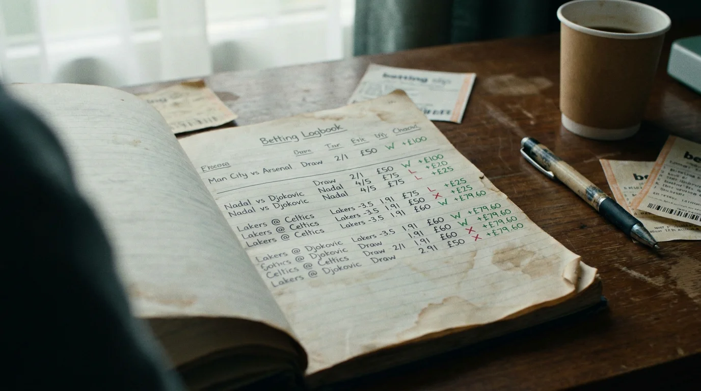 Detailed written record of rugby bets in a logbook with outcomes tracked