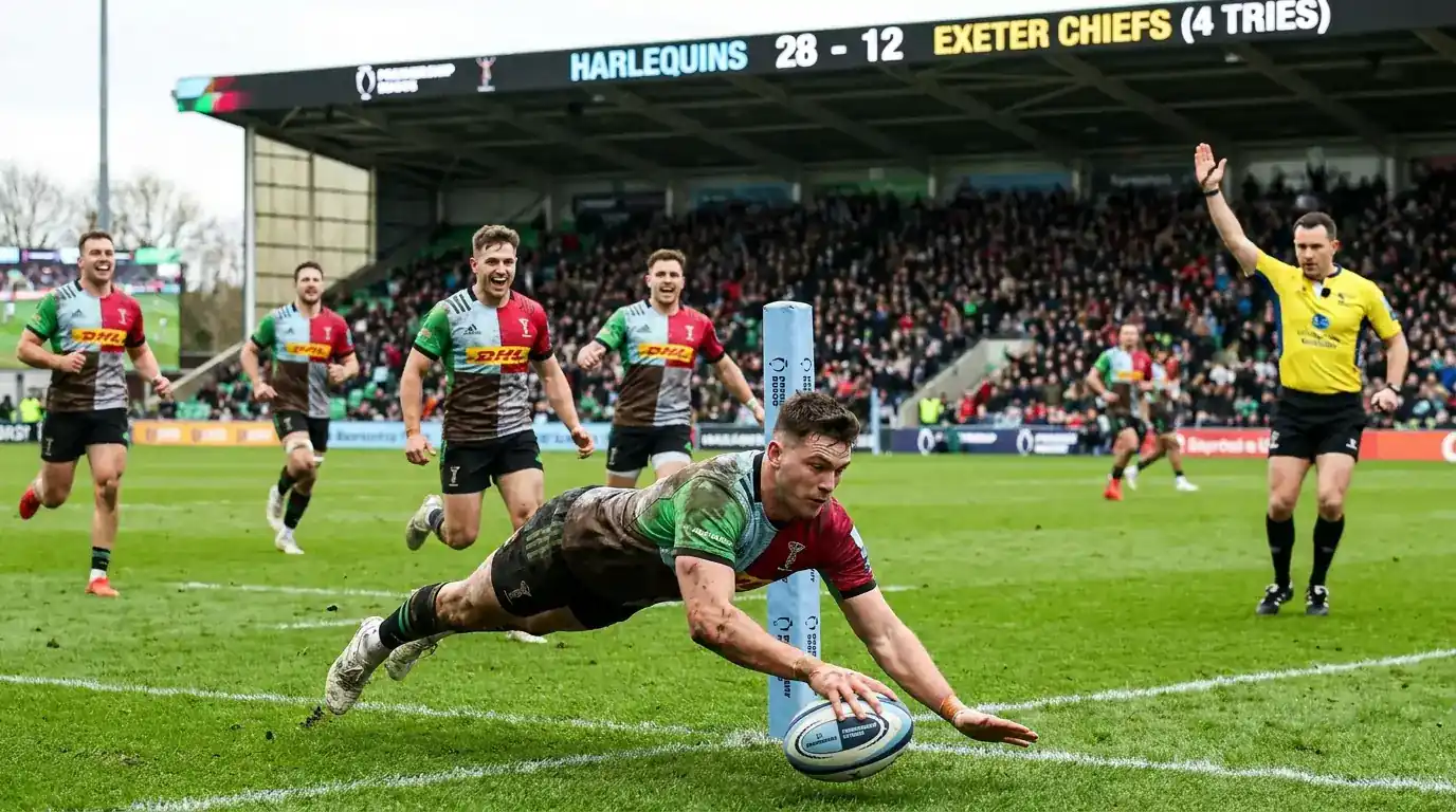 Rugby side scoring their fourth try to claim a bonus point in a Premiership match