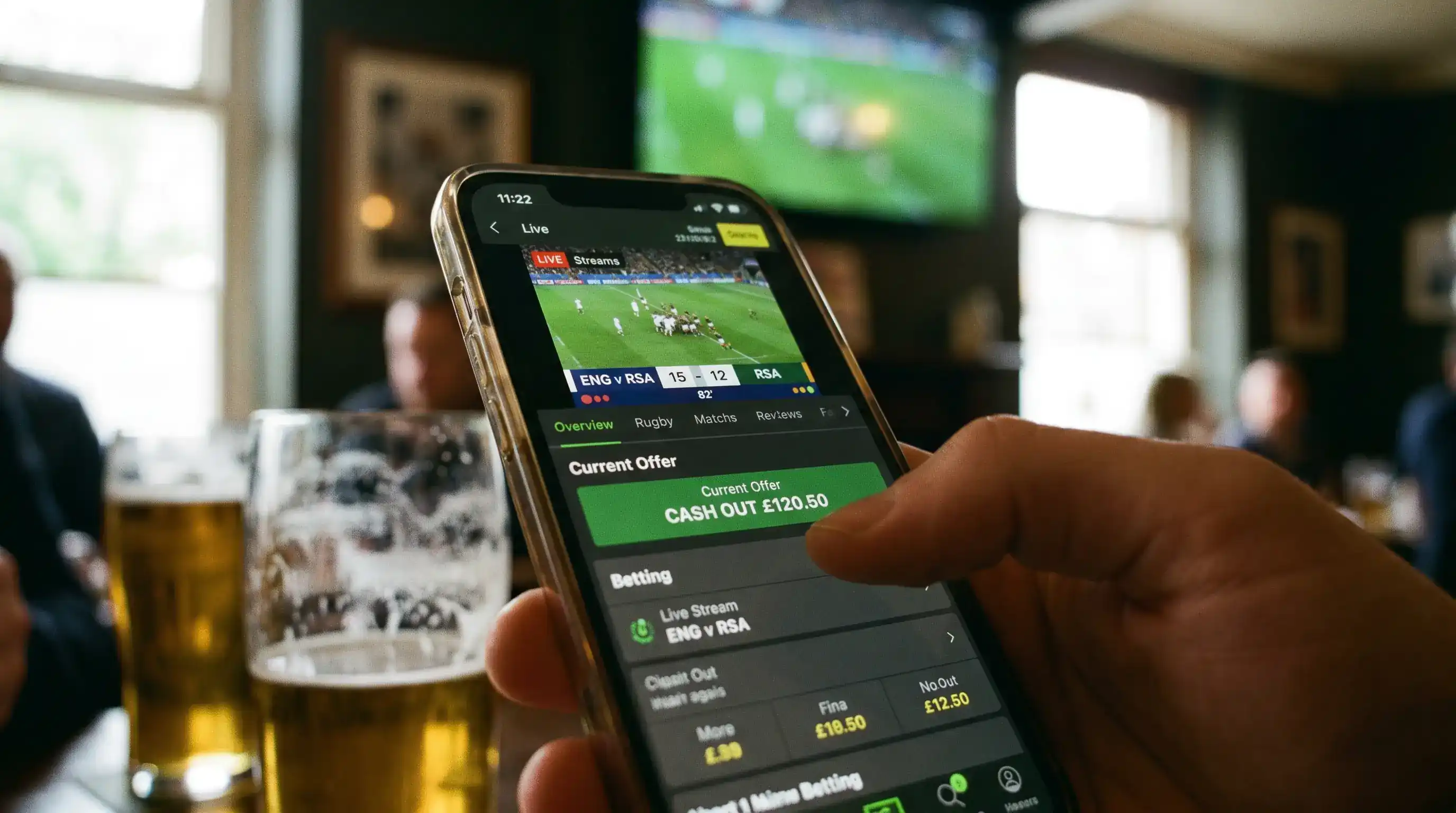Cash-out offer displayed on a rugby betting app during a live Premiership match