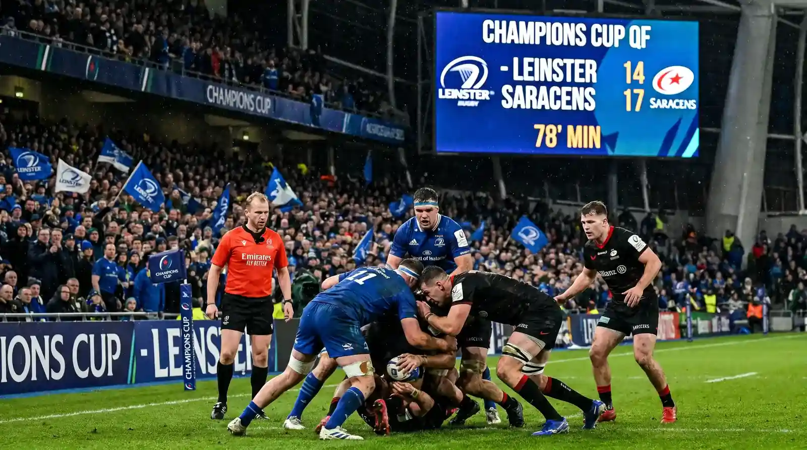 Intense Champions Cup quarter-final action with players competing for the ball