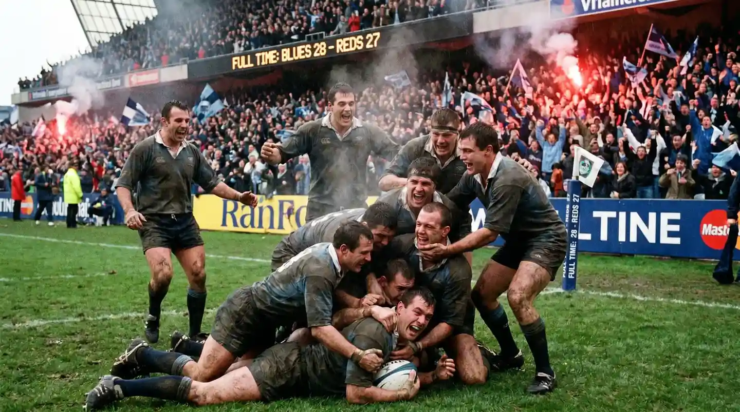 Rugby team celebrating a second-half comeback try against the odds