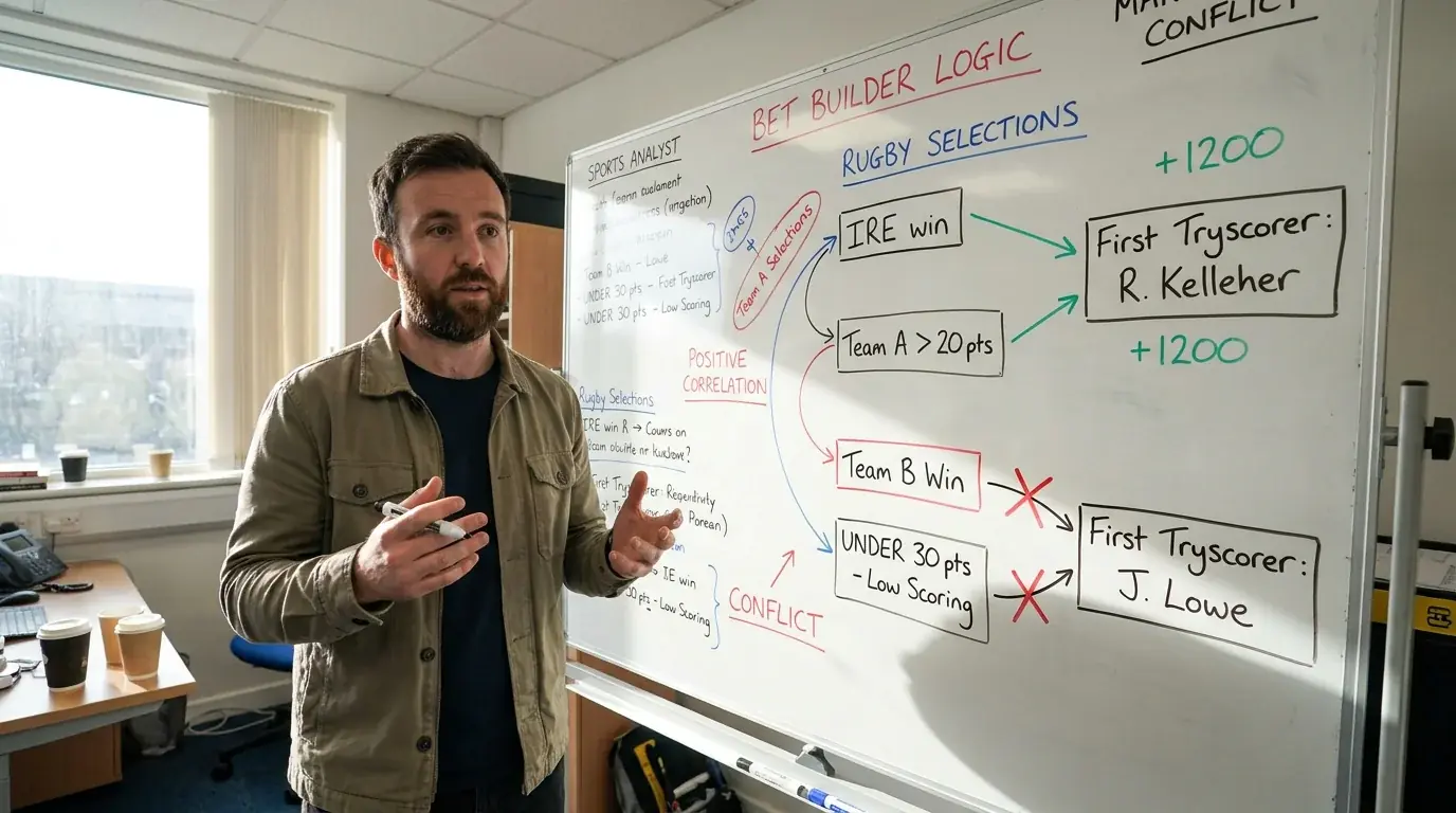 Analyst highlighting conflicting bet builder combinations on a whiteboard