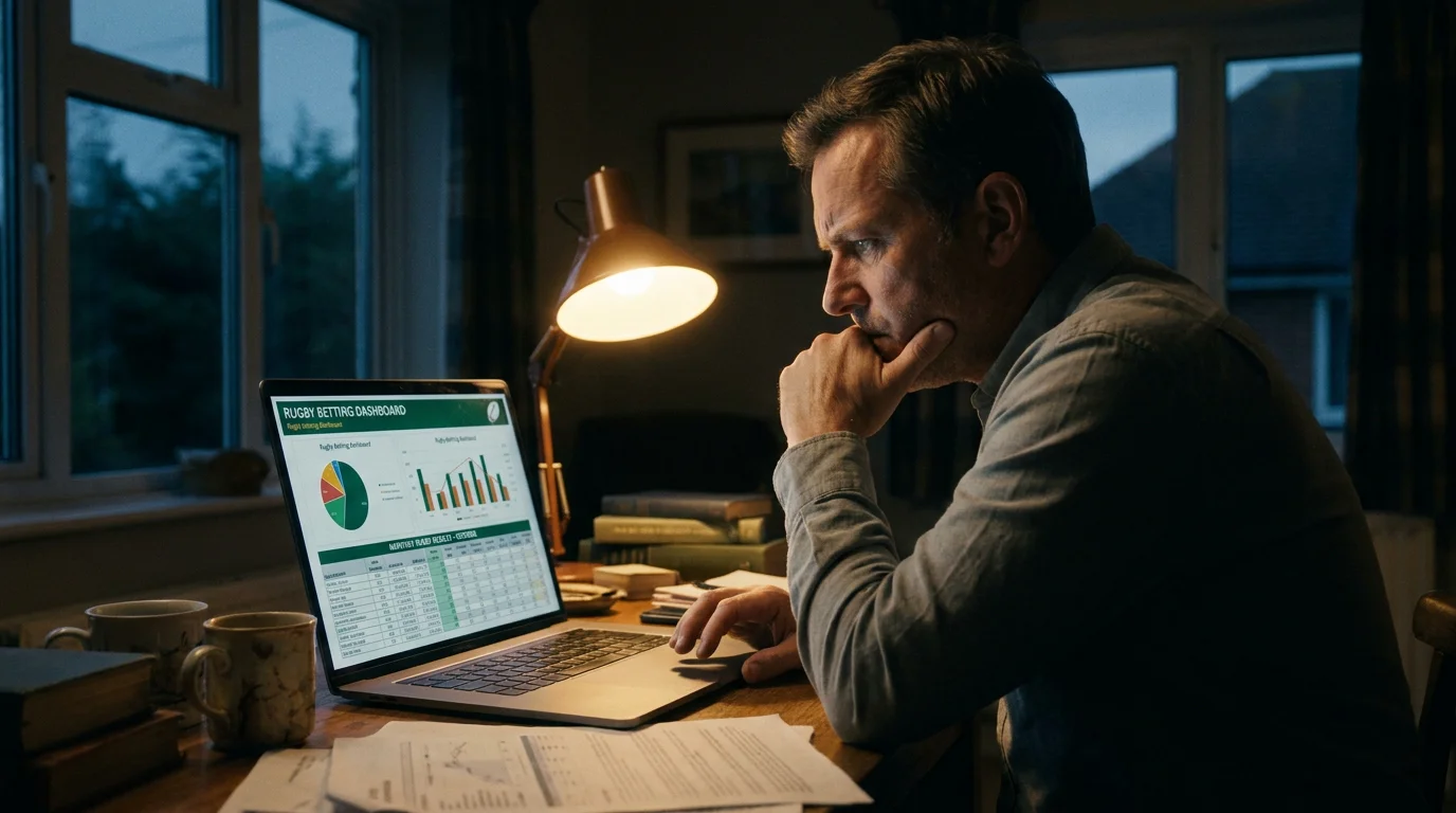 Focused bettor reviewing monthly rugby betting results on a laptop