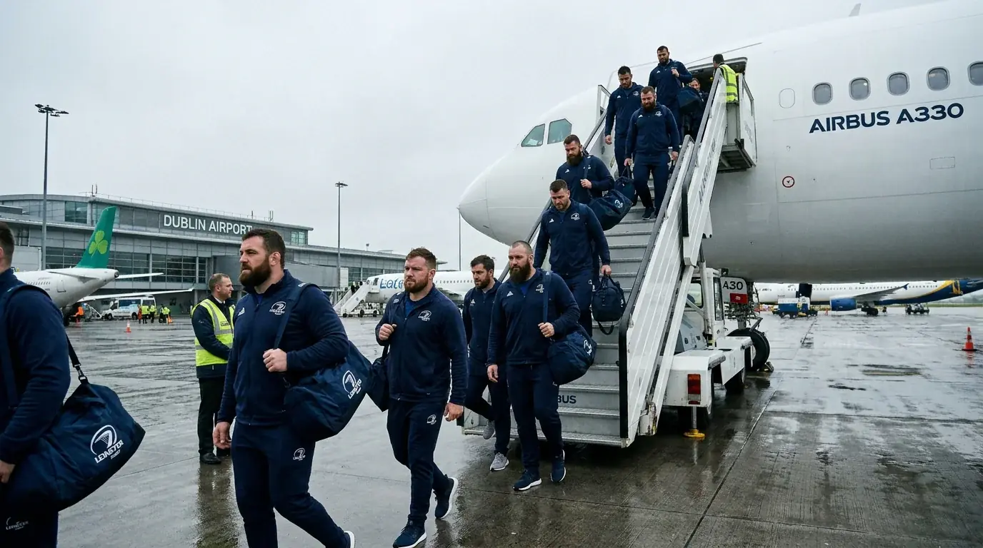Rugby team arriving at a European away venue for a Champions Cup pool match