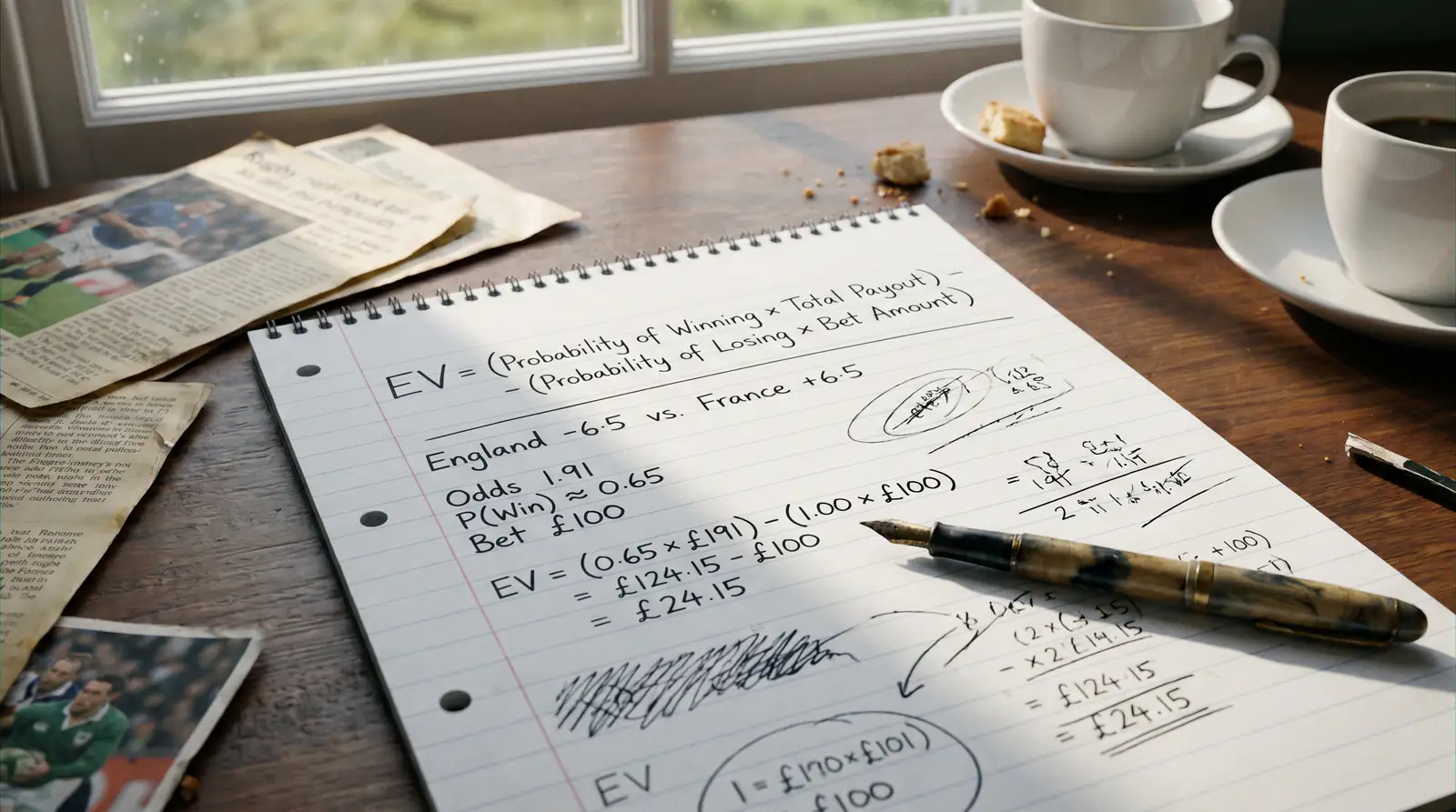 Expected value formula written on paper with a rugby handicap betting example
