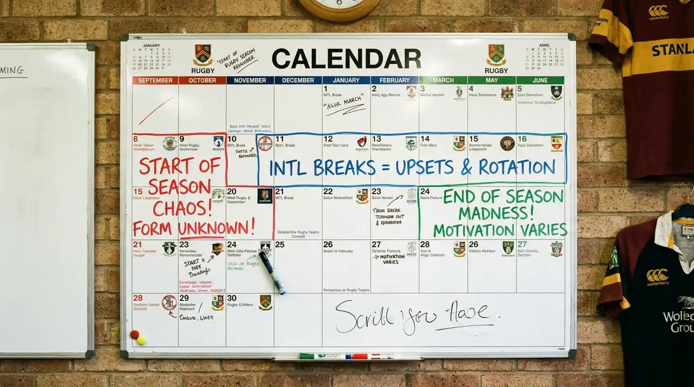 Calendar highlighting points where rugby form guides lose reliability