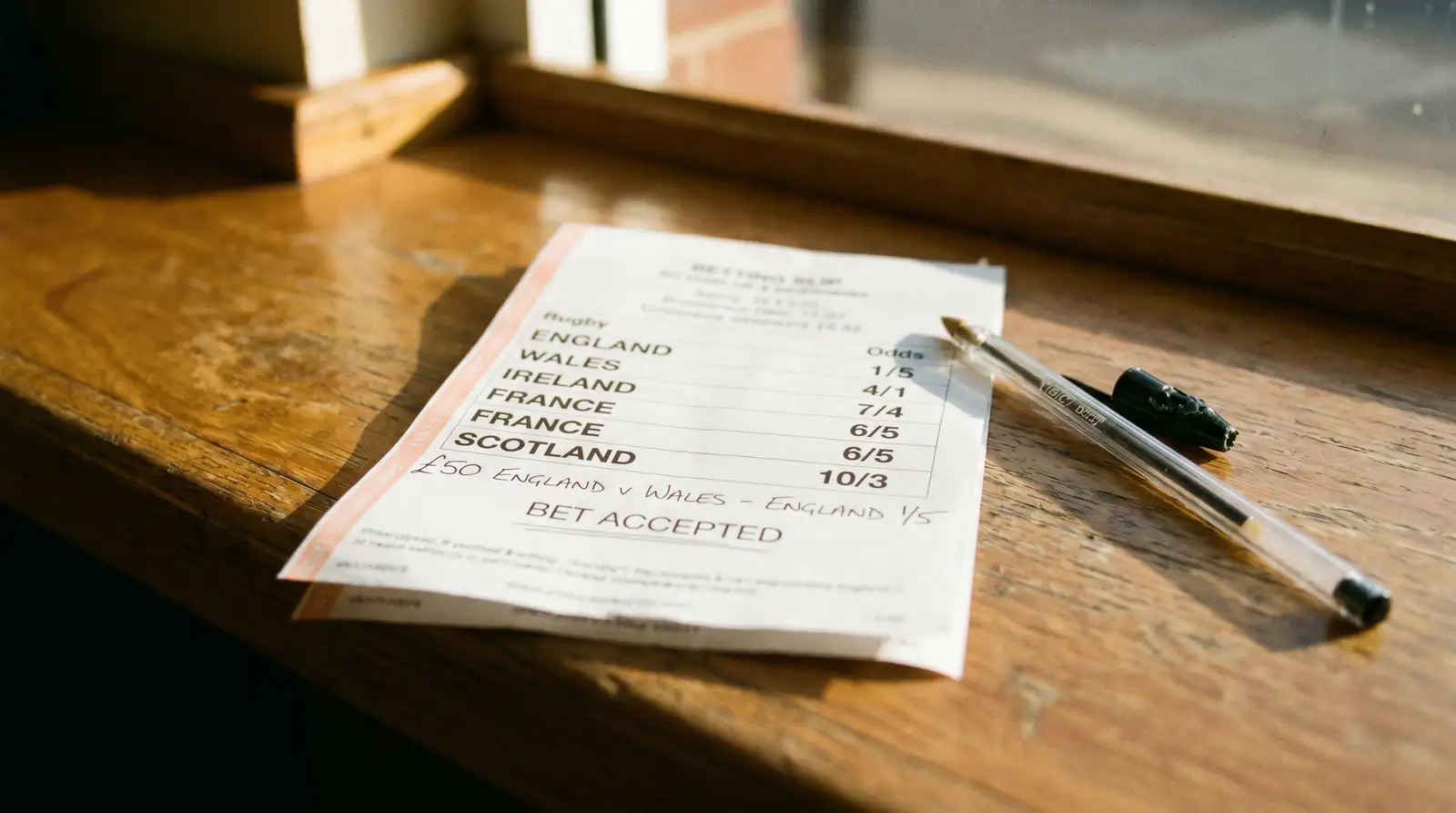 Traditional betting slip showing fractional rugby odds at a UK bookmaker