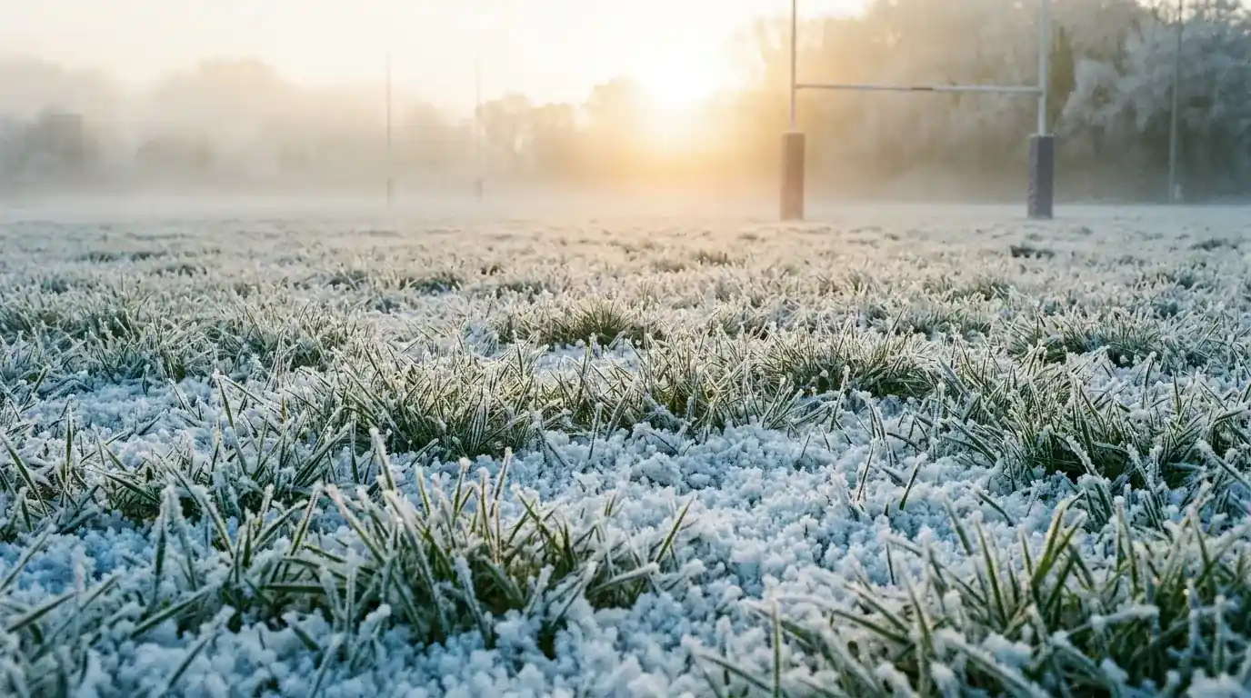 Early morning frost covering a rugby pitch before a winter Premiership fixture