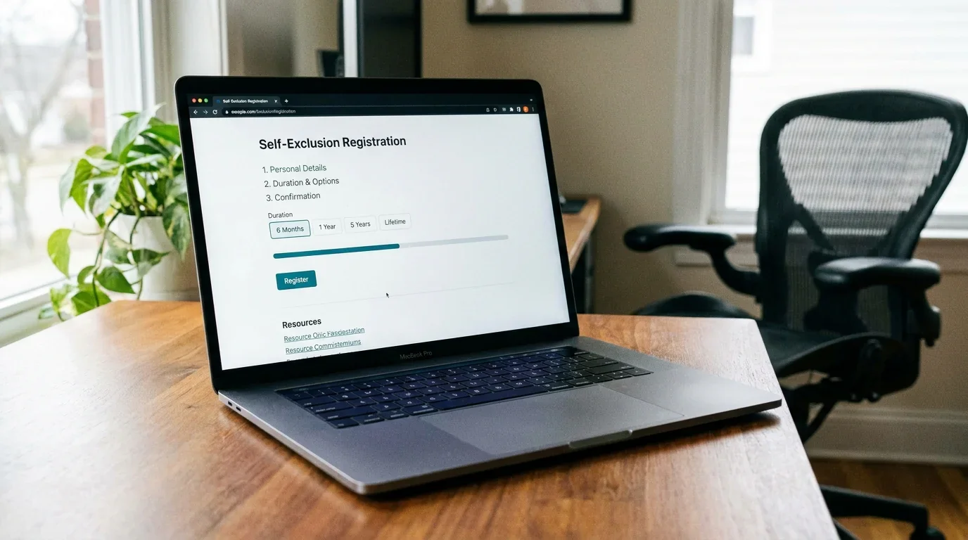GamStop self-exclusion registration page displayed on a laptop browser