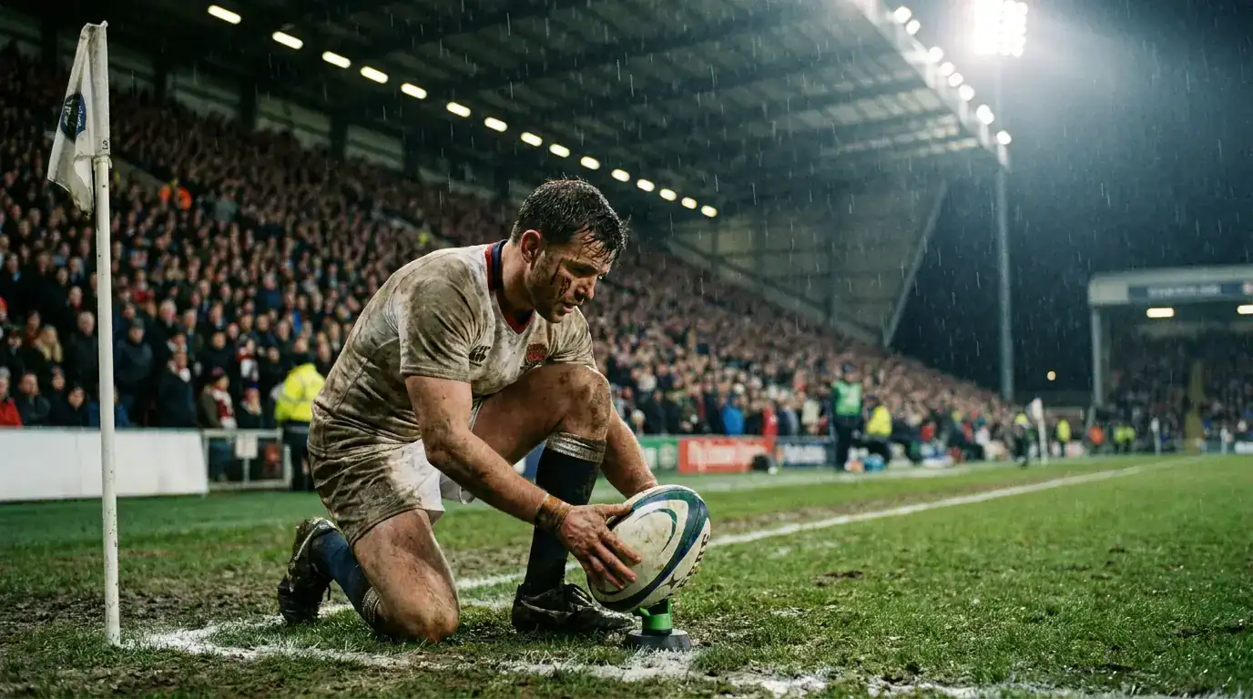 Goal-kicker lining up a conversion attempt from the touchline in a rugby match