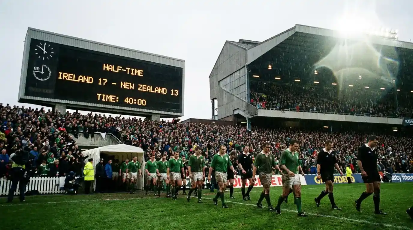 Half-time scoreboard at a rugby match showing the interval score