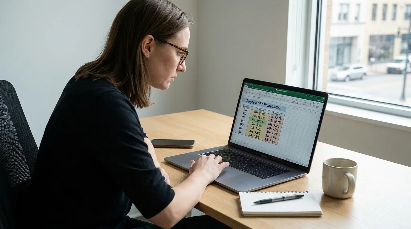 Analyst reviewing the nine possible HT/FT outcomes for a rugby fixture