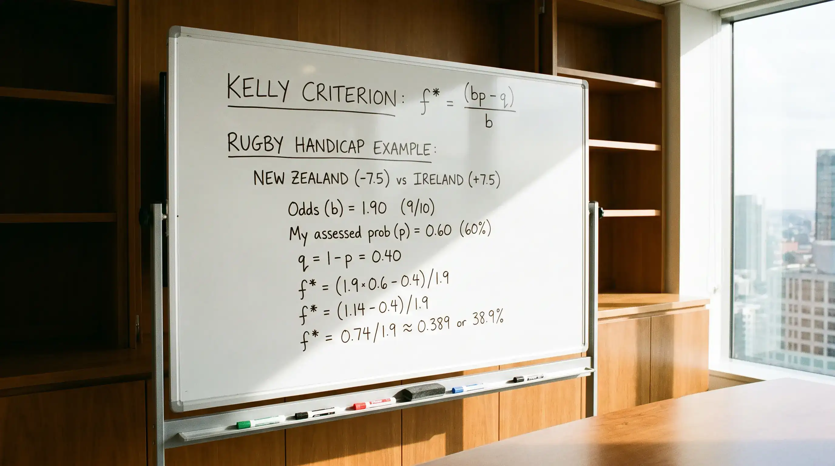 Whiteboard showing the Kelly criterion formula applied to a rugby handicap example