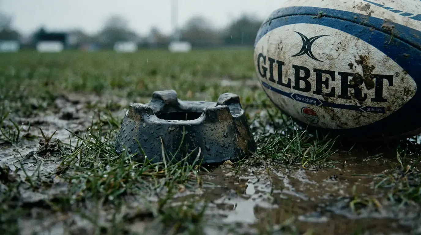 Rugby kicking tee positioned on a rain-affected pitch before a goal attempt