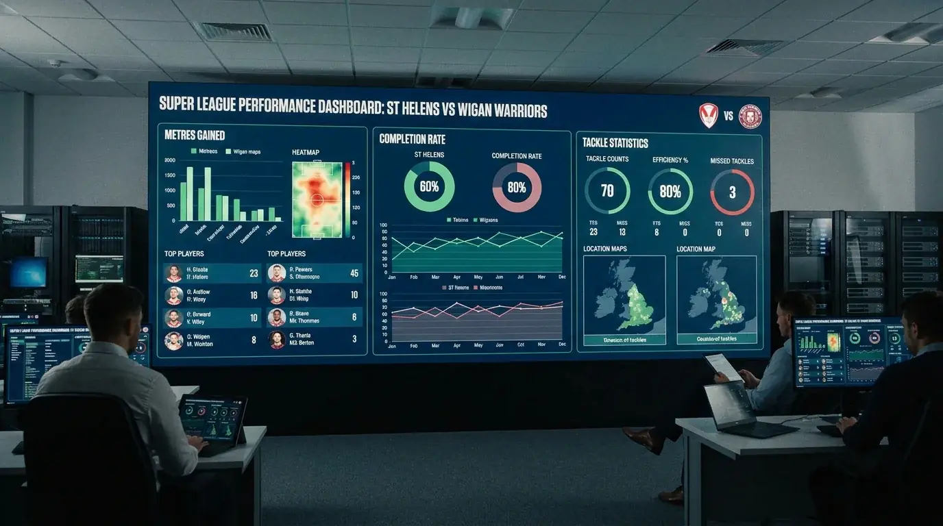 Super League performance dashboard showing metres gained and tackle stats
