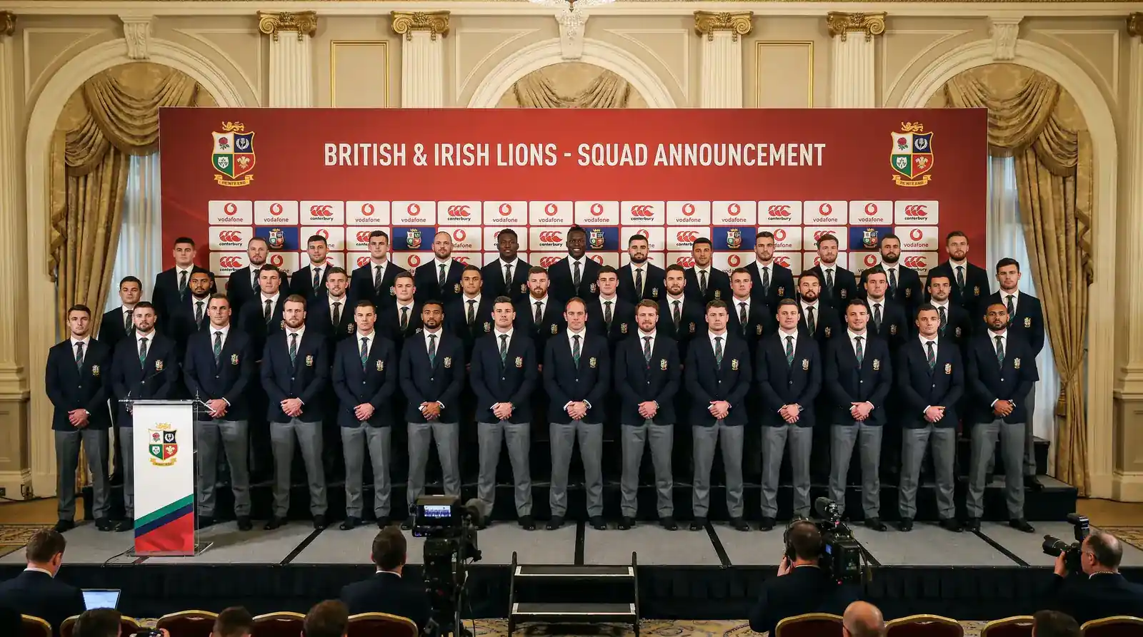 British and Irish Lions squad gathering for a press photo after squad announcement