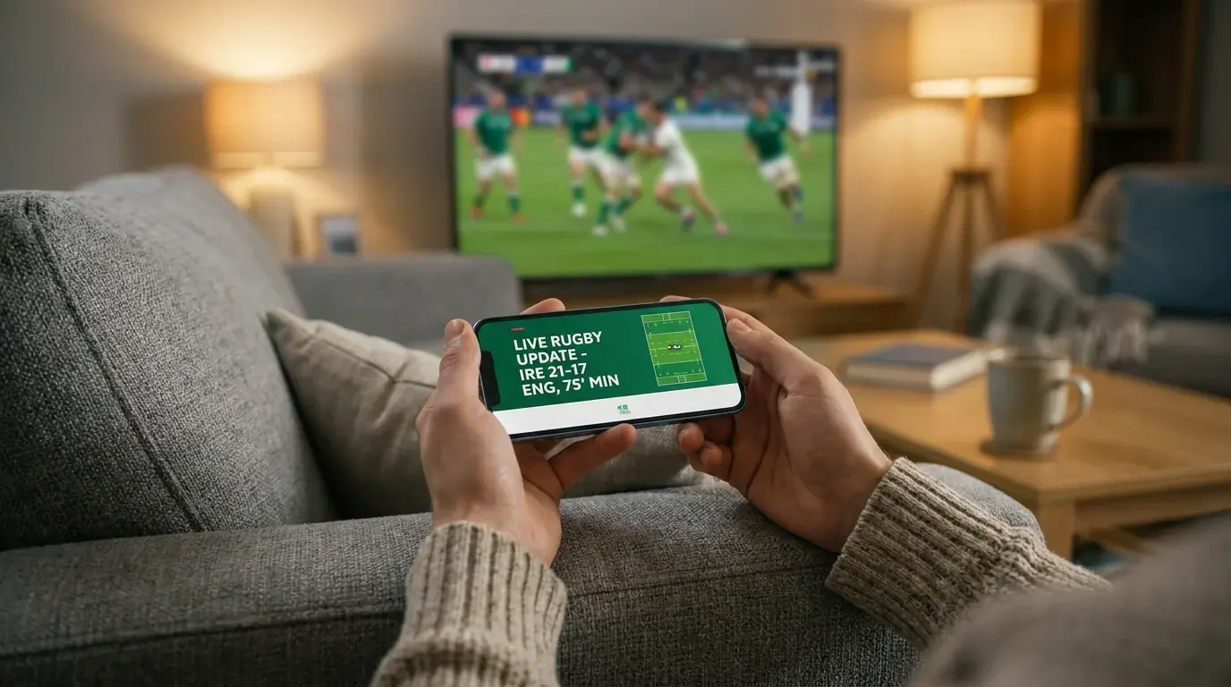 Person holding a smartphone displaying live rugby match scores in a living room