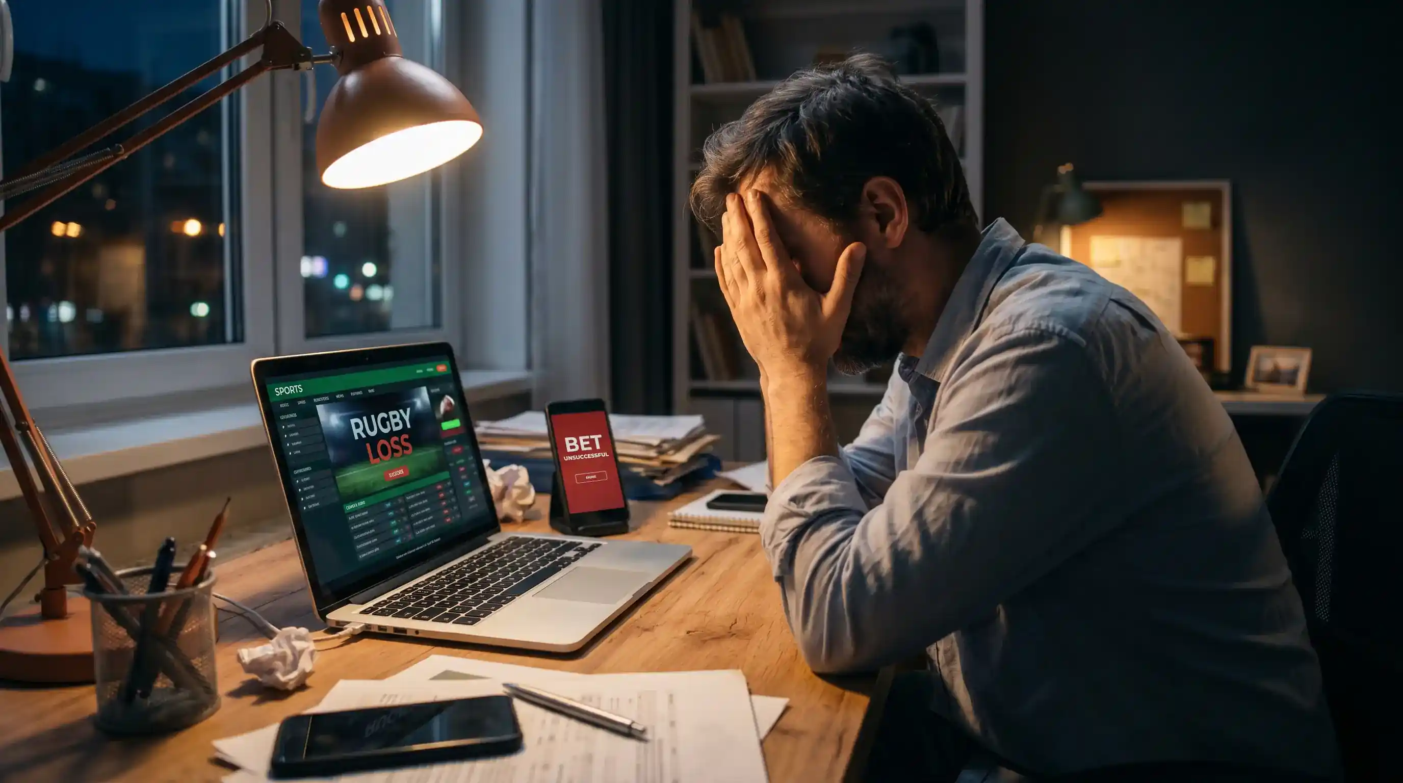 Frustrated bettor reviewing a series of losing rugby bets demonstrating tilt