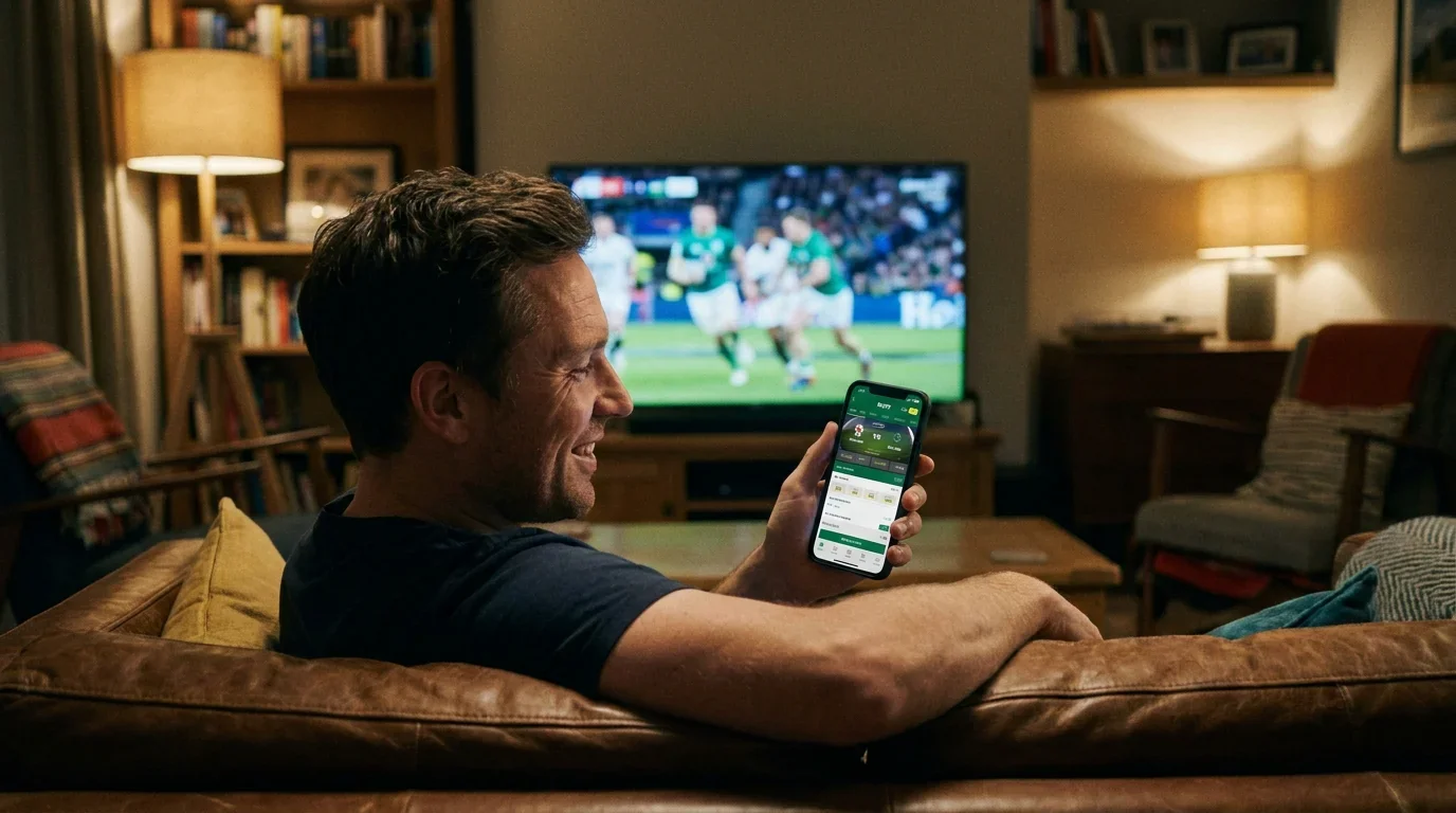 Person using a mobile rugby betting app while watching a match at home