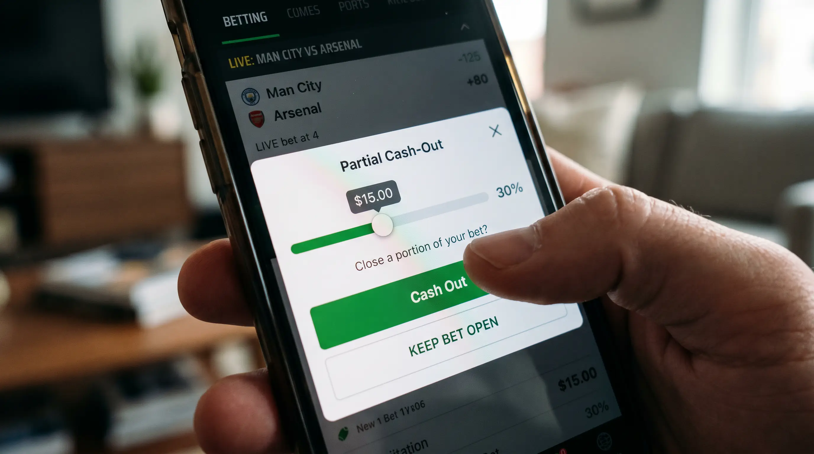 Partial cash-out slider on a betting platform allowing portion of bet to be secured