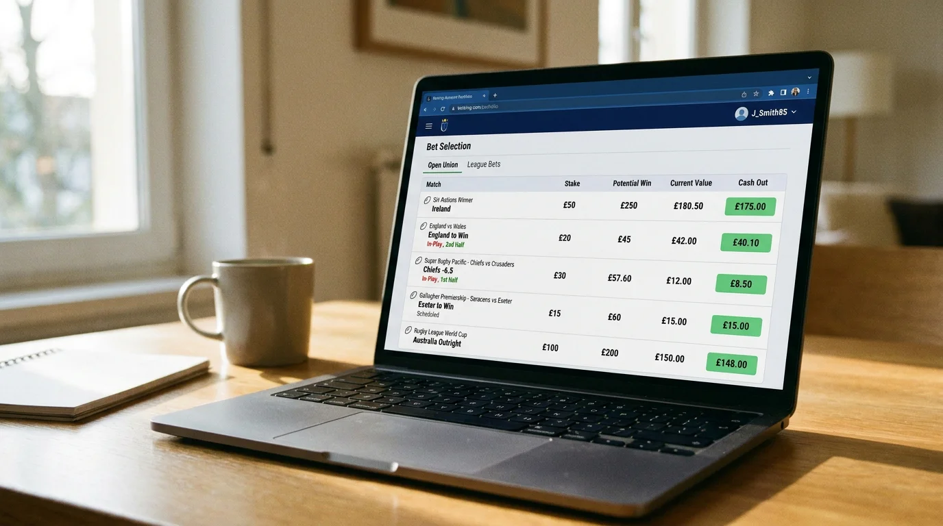 Multiple open rugby bets displayed in a portfolio view for aggregate management