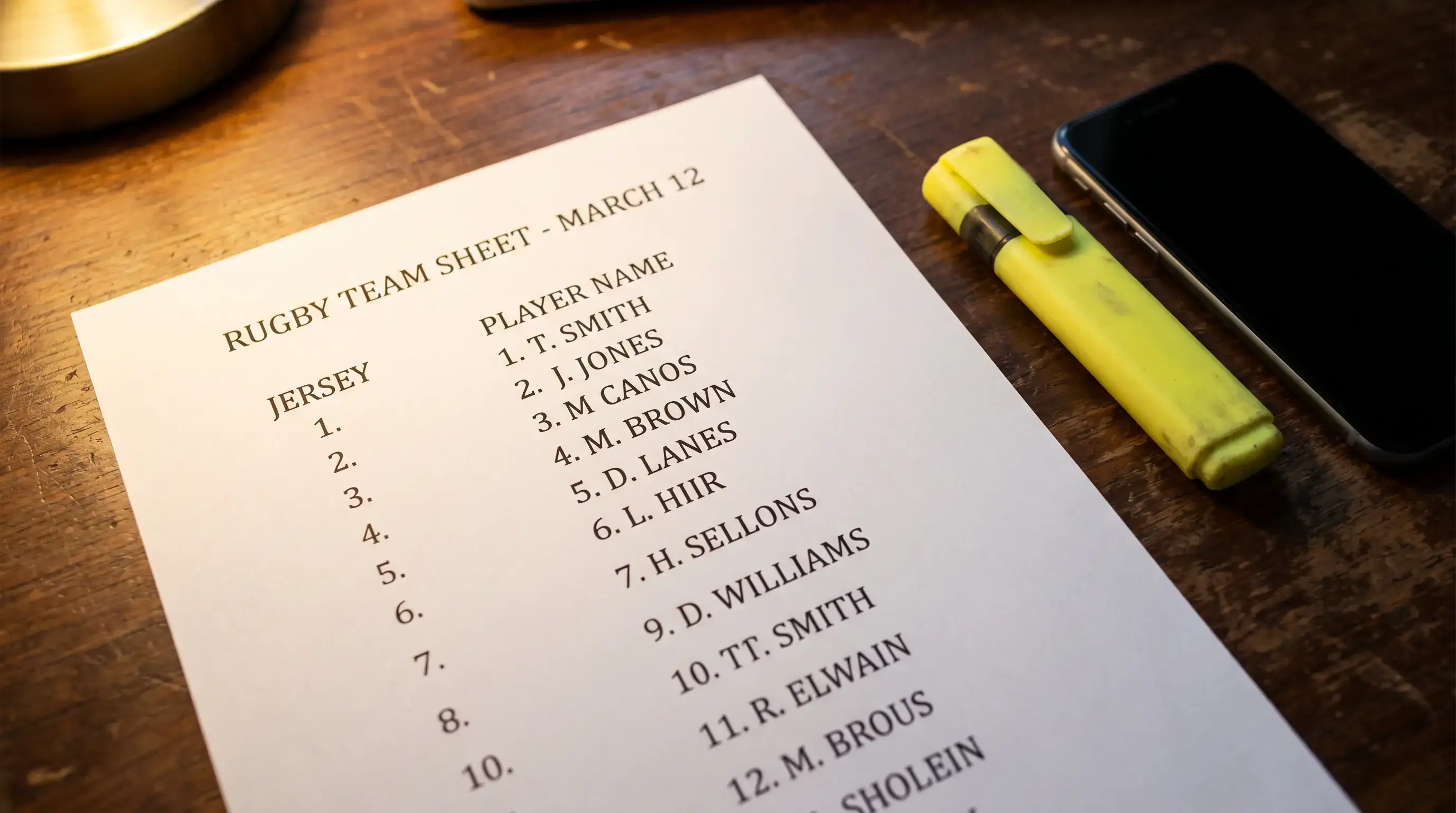 Close-up of a printed rugby team sheet being reviewed before a match