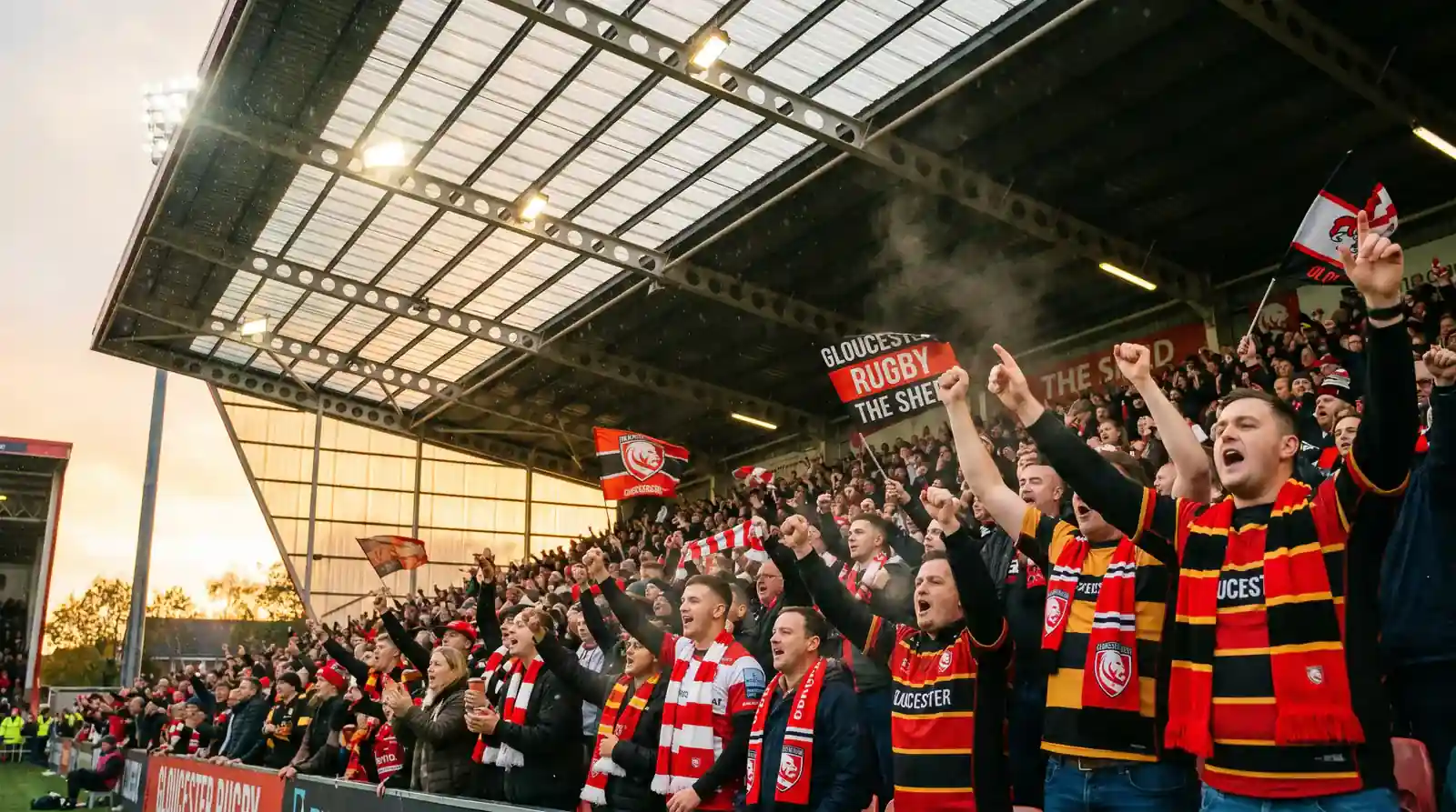 Packed Premiership rugby stadium with home supporters creating matchday atmosphere