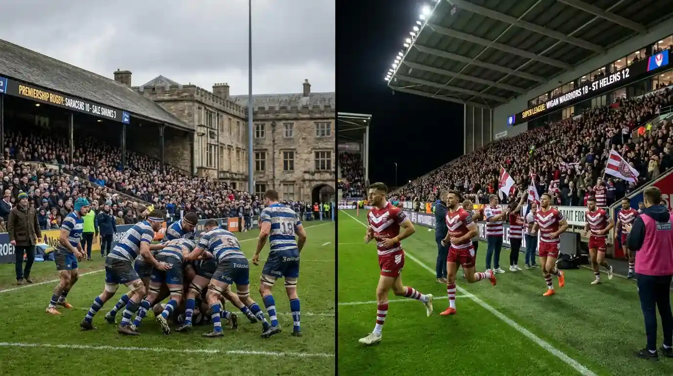 Split image comparing Premiership Rugby Union and Super League match environments