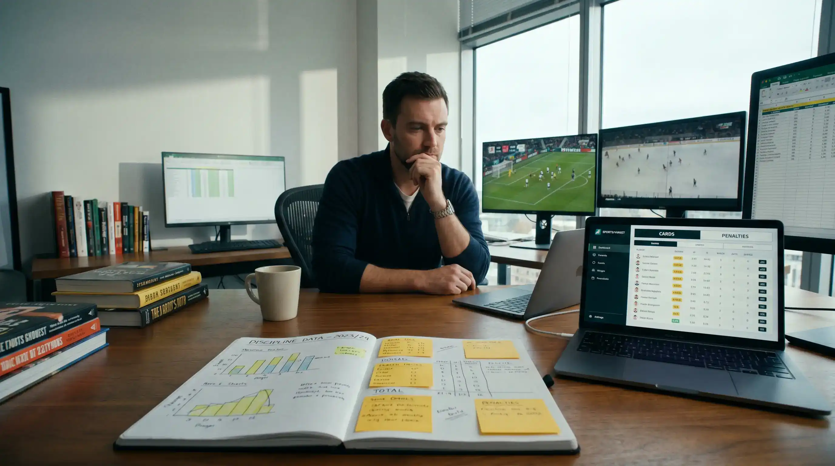Analyst reviewing prop bet strategy notes with discipline statistics highlighted