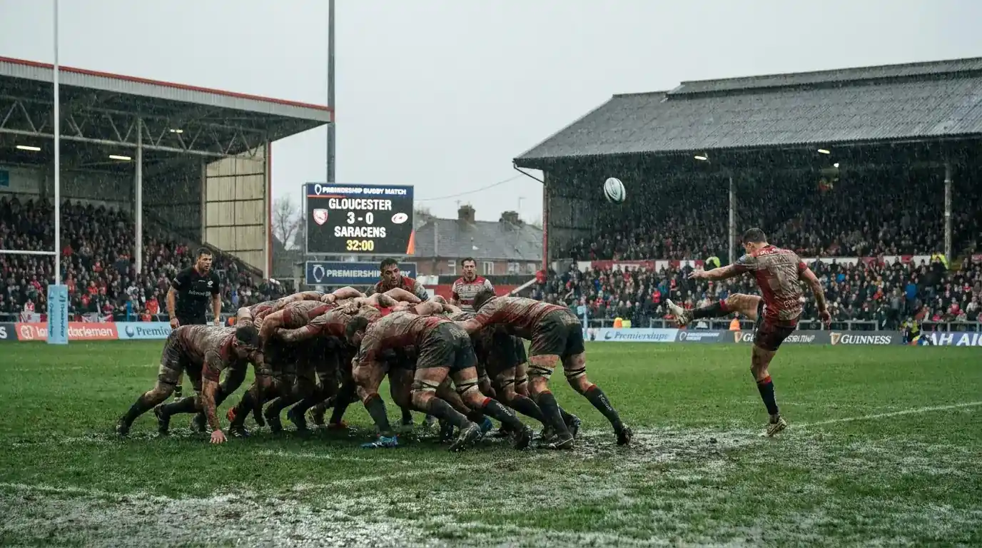 Tight defensive rugby in rainy first-half conditions at a Premiership ground