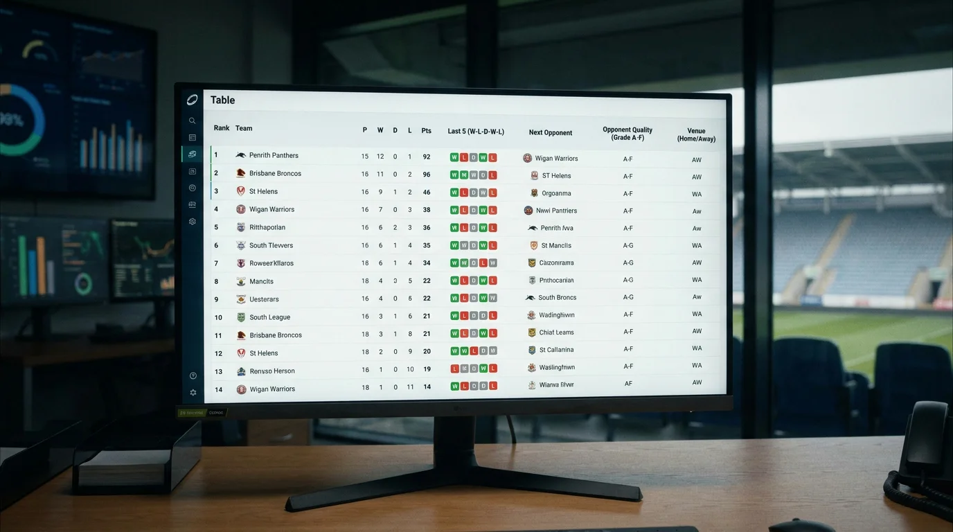 Rugby league table showing recent results with venue and opponent context