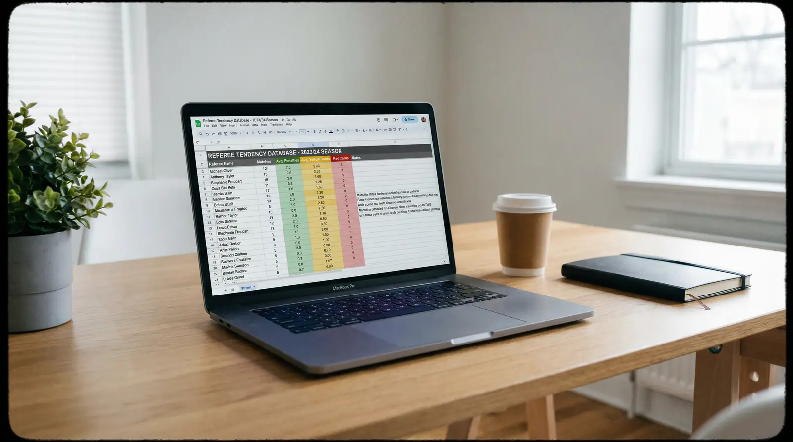 Referee tendency database in a spreadsheet tracking penalty and card averages