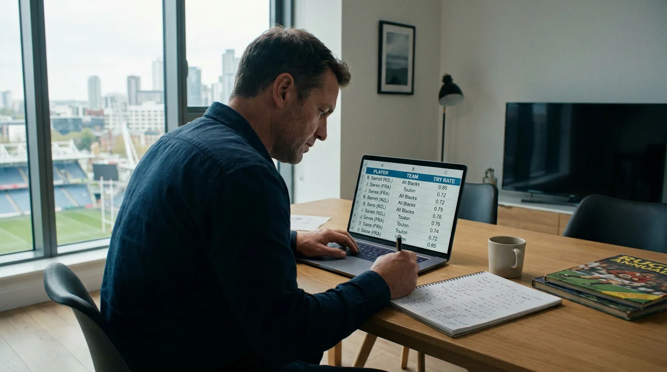 Rugby betting analyst reviewing tryscorer statistics on a laptop screen