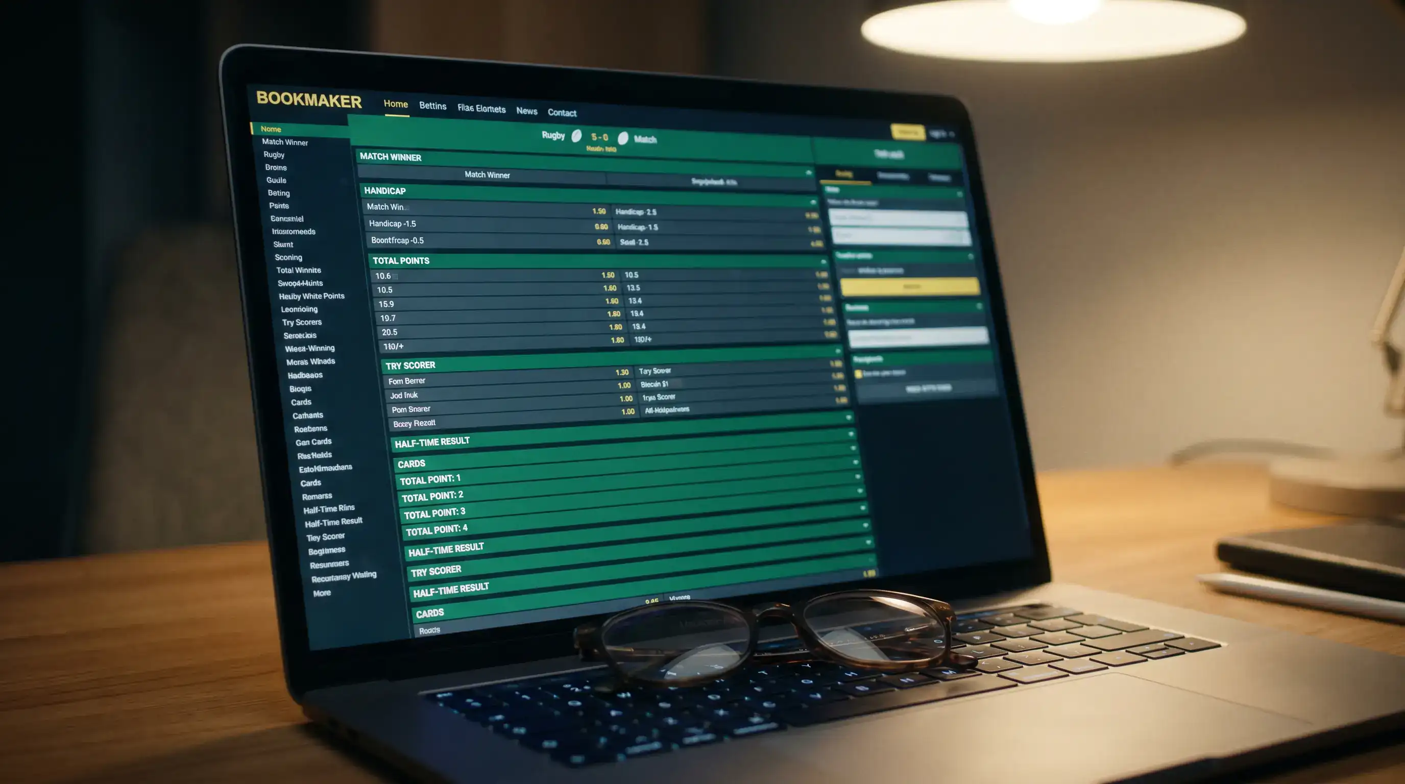 Rugby betting market menu showing wide range of available wager types