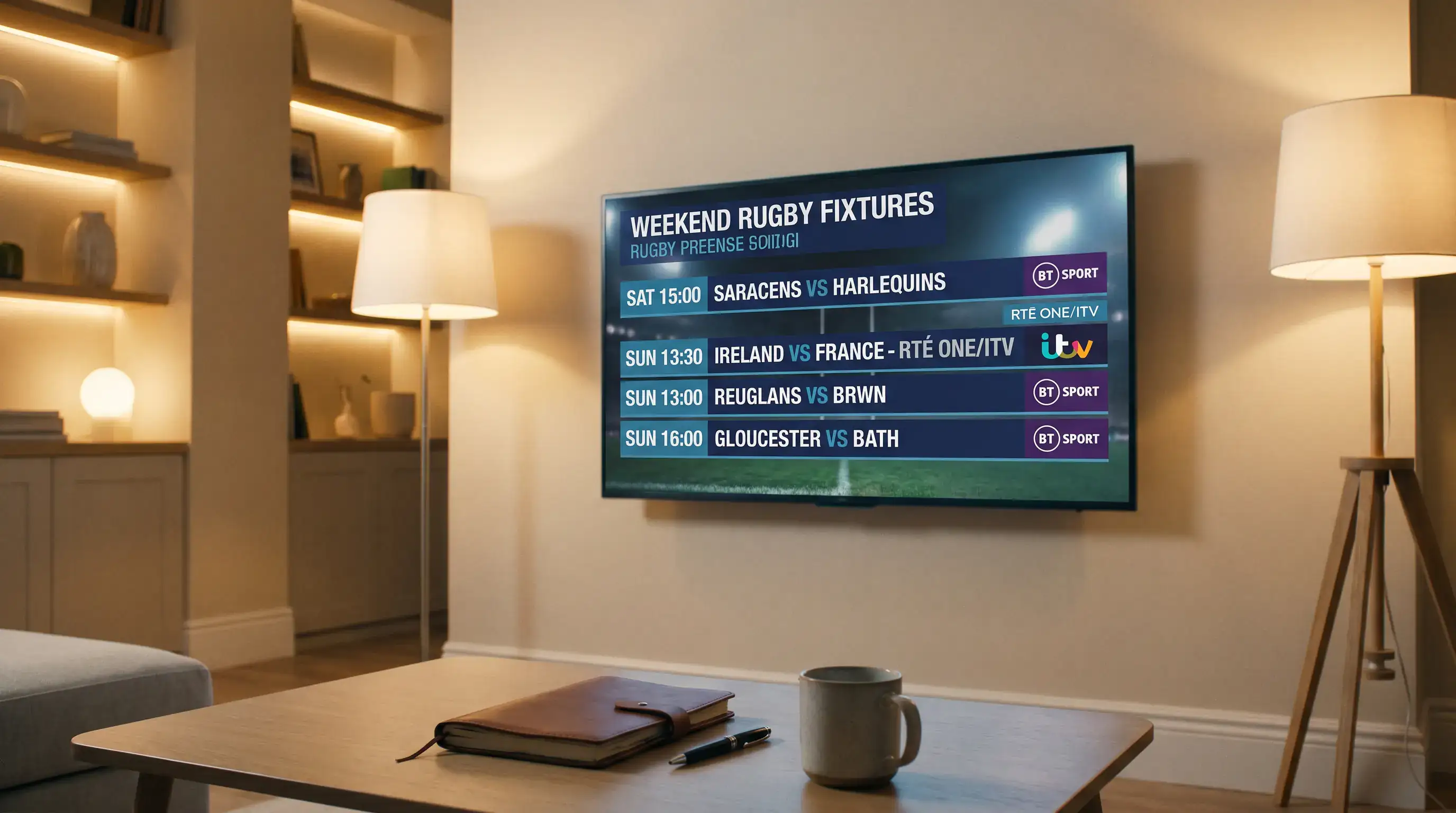 Television broadcast schedule showing Six Nations rugby fixtures across UK channels