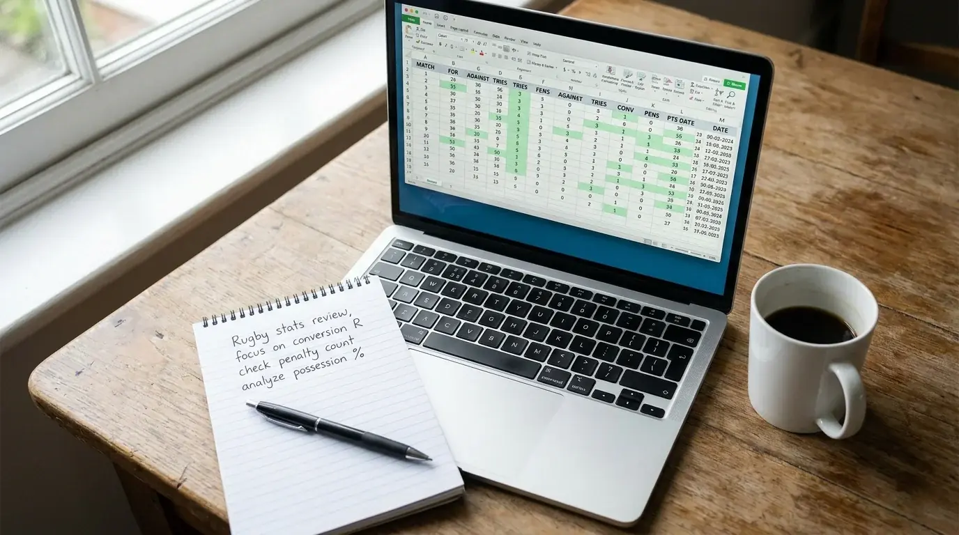 Laptop screen showing a rugby match statistics spreadsheet next to a notepad