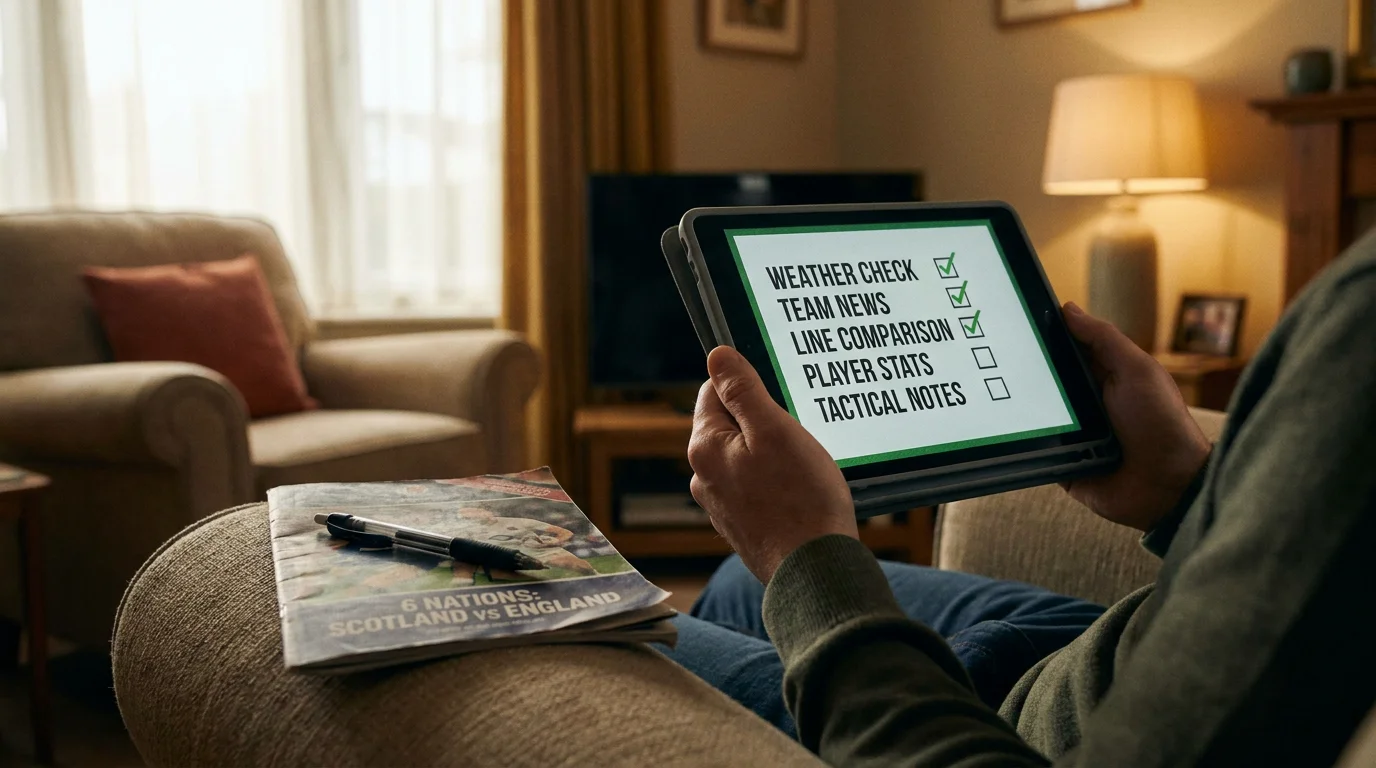 Rugby bettor reviewing pre-match handicap analysis checklist