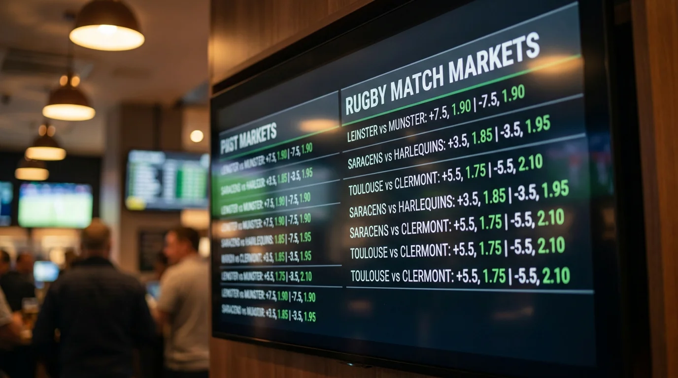 Close-up of a rugby betting odds display showing handicap and match-winner markets