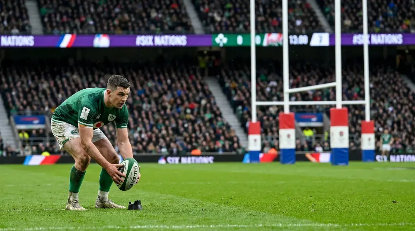 Fly-half attempting a penalty kick at goal during a Six Nations fixture