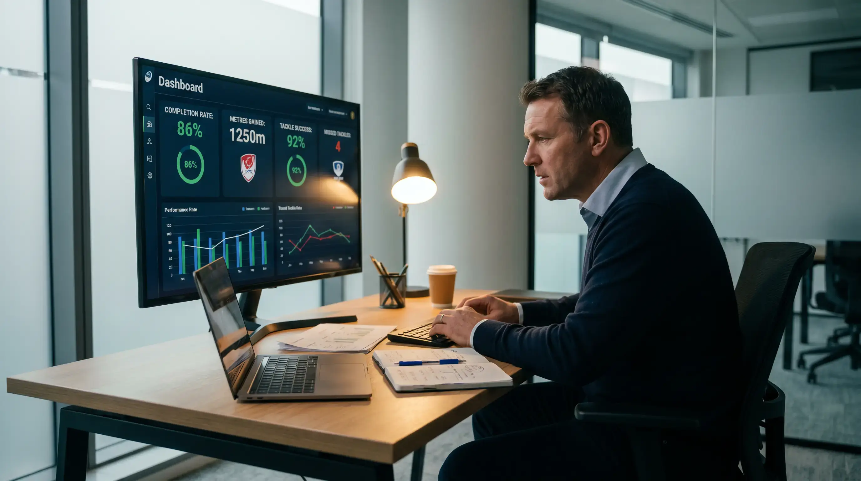 Analyst tracking Super League completion rate data on a performance dashboard