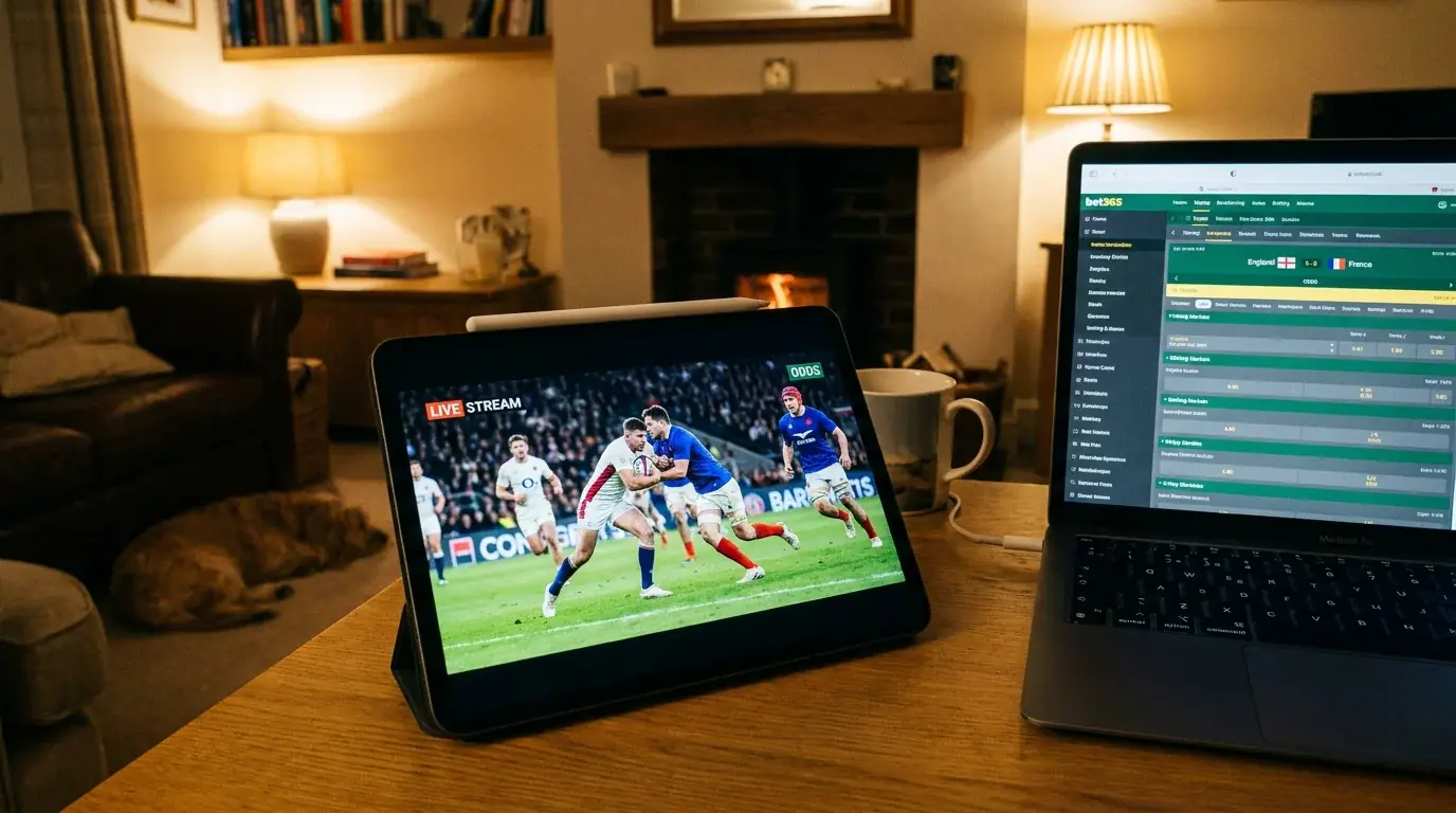 Rugby match being live-streamed on a tablet alongside a betting platform