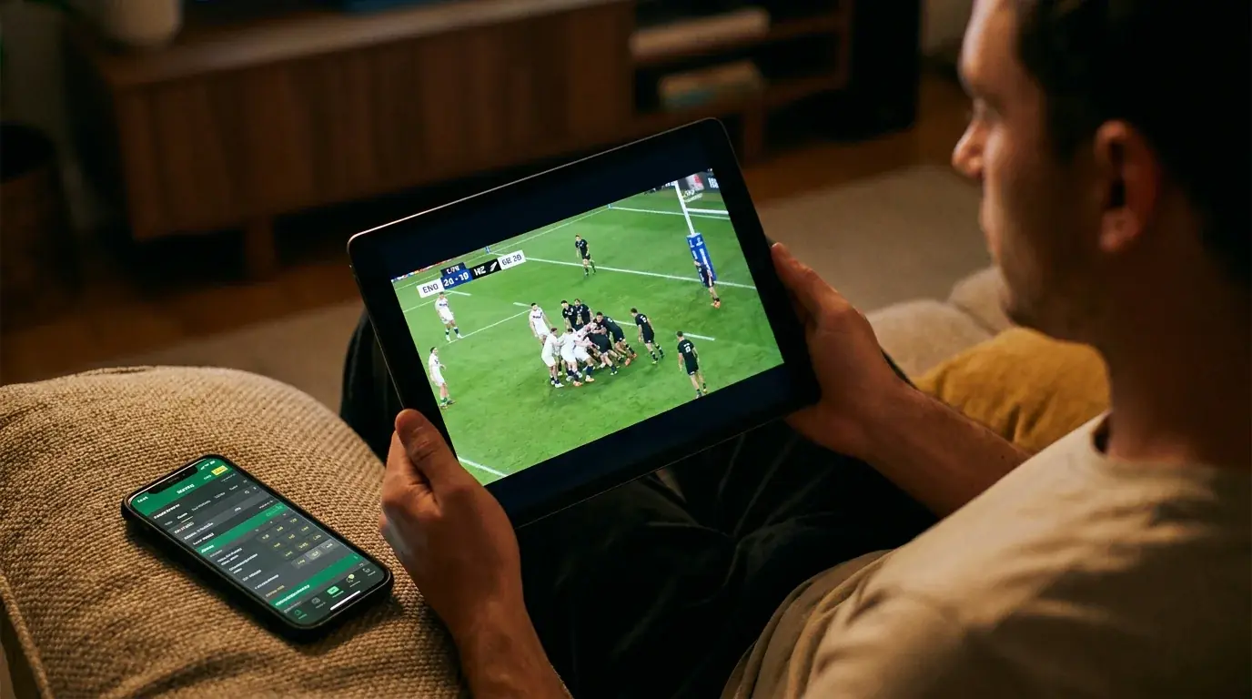 Mobile device streaming live rugby match alongside betting app interface