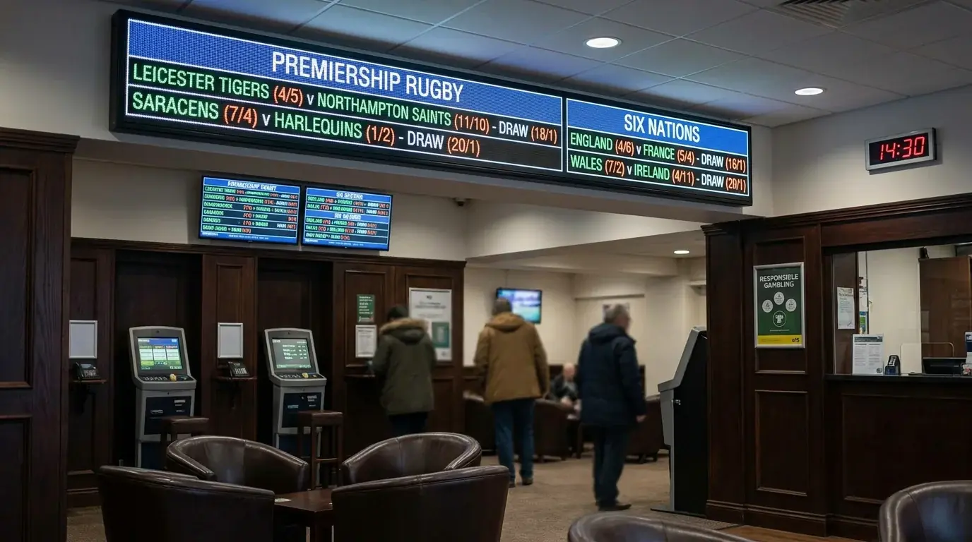 Pre-match rugby odds displayed at a licensed UK bookmaker venue
